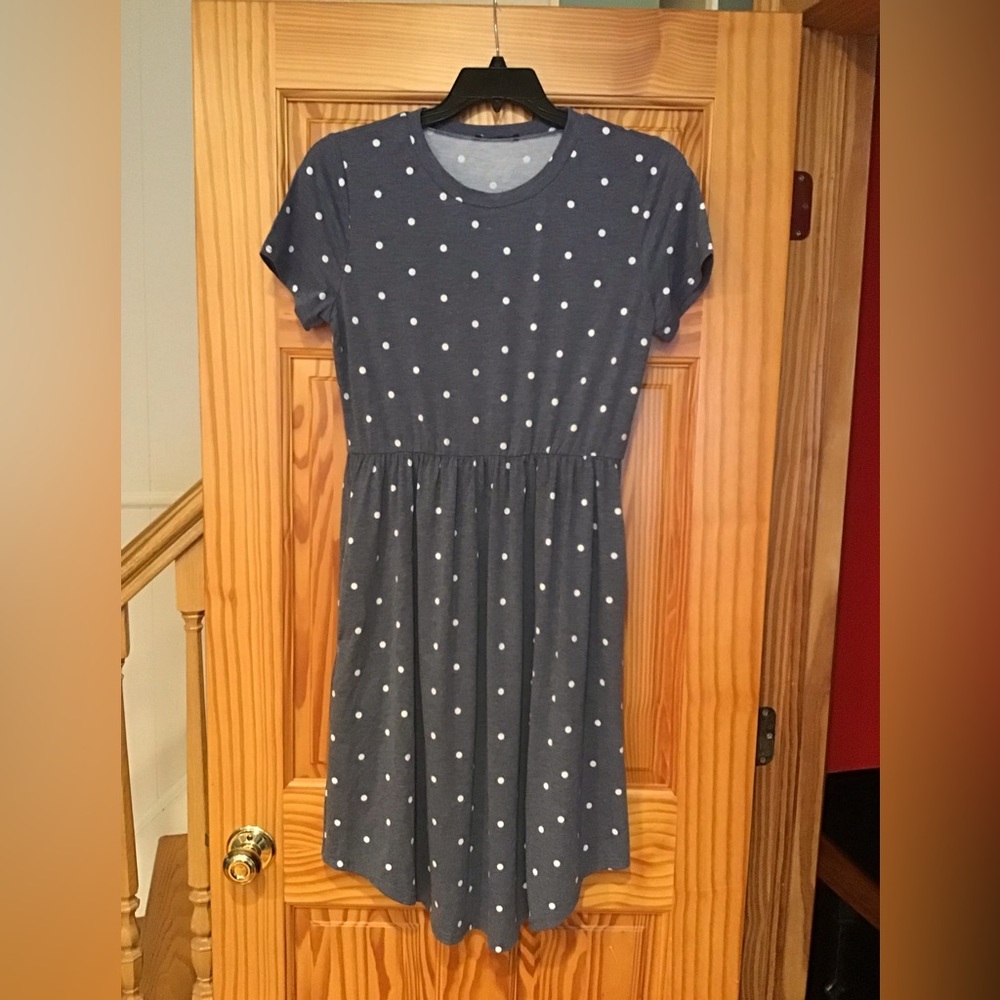 SIMIER FARIRY SOFT POLKA DOT MIDI DRESS WITH POCKETS WOMENS SIZE L DENIM BLUE